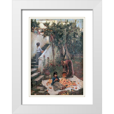 The Orange Gatherers White Modern Wood Framed Art Print with Double Matting by Waterhouse, John William