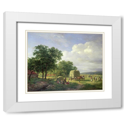 A Wooded Landscape With Haymakers White Modern Wood Framed Art Print with Double Matting by Van De Sande Bakhuyzen, Hendrik