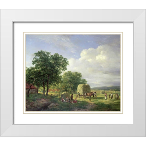 A Wooded Landscape With Haymakers White Modern Wood Framed Art Print with Double Matting by Van De Sande Bakhuyzen, Hendrik
