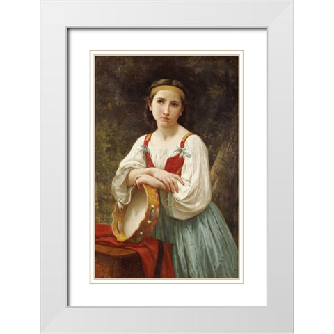 Basque Gipsy Girl With Tambourine White Modern Wood Framed Art Print with Double Matting by Bouguereau, William-Adolphe