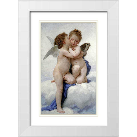 The First Kiss White Modern Wood Framed Art Print with Double Matting by Bouguereau, William-Adolphe