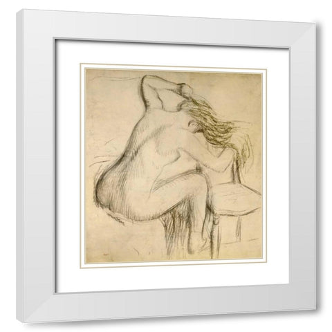 A Seated Woman Styling Her Hair White Modern Wood Framed Art Print with Double Matting by Degas, Edgar