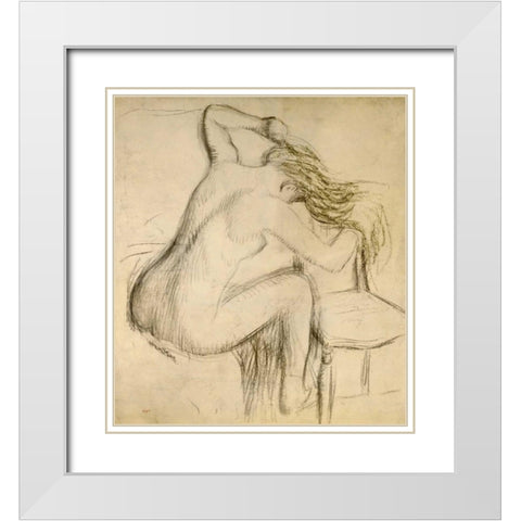 A Seated Woman Styling Her Hair White Modern Wood Framed Art Print with Double Matting by Degas, Edgar