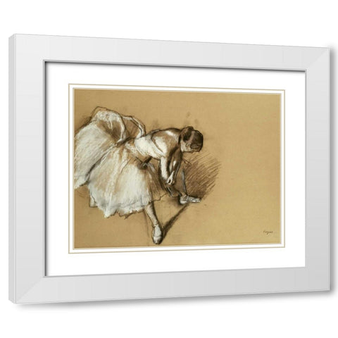 Dancer Adjusting Her Shoe White Modern Wood Framed Art Print with Double Matting by Degas, Edgar