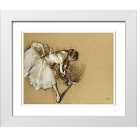 Dancer Adjusting Her Shoe White Modern Wood Framed Art Print with Double Matting by Degas, Edgar