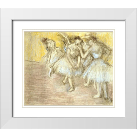 Five Dancers On Stage White Modern Wood Framed Art Print with Double Matting by Degas, Edgar