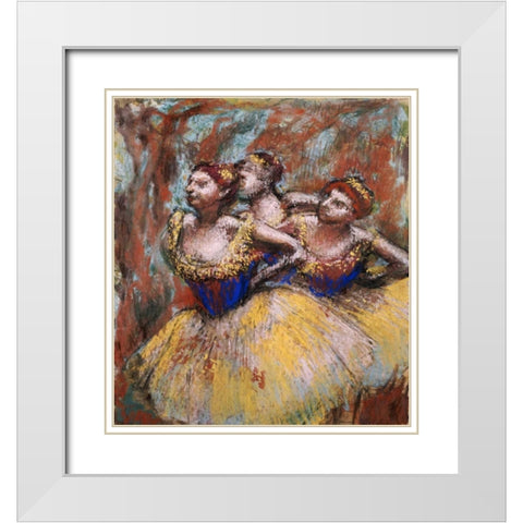 Three Dancers White Modern Wood Framed Art Print with Double Matting by Degas, Edgar