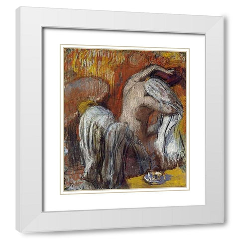 Woman Drying Herself White Modern Wood Framed Art Print with Double Matting by Degas, Edgar