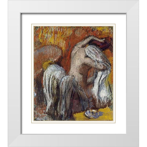 Woman Drying Herself White Modern Wood Framed Art Print with Double Matting by Degas, Edgar