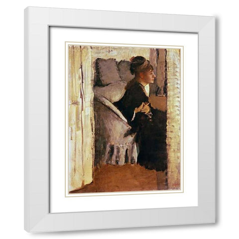 Woman Putting On Her Gloves White Modern Wood Framed Art Print with Double Matting by Degas, Edgar