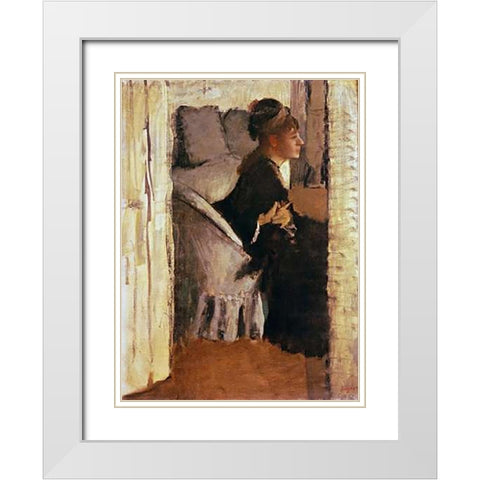 Woman Putting On Her Gloves White Modern Wood Framed Art Print with Double Matting by Degas, Edgar
