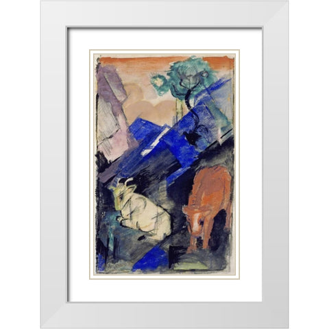 Two Cattle In a Hilly Landscape White Modern Wood Framed Art Print with Double Matting by Marc, Franz