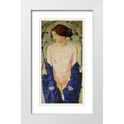 Standing Nude with Blue Robe White Modern Wood Framed Art Print with Double Matting by Moser, Koloman