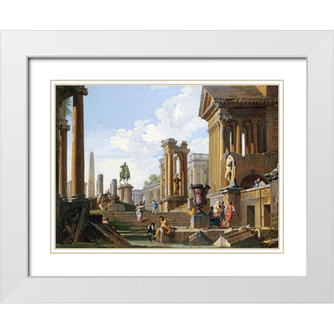 Capriccio of Classical Ruins White Modern Wood Framed Art Print with Double Matting by Panini, Giovanni Paolo