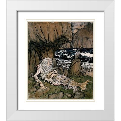 A Crowned Merman a Sea God Sleeping On a Rocky Shore White Modern Wood Framed Art Print with Double Matting by Rackham, Arthur
