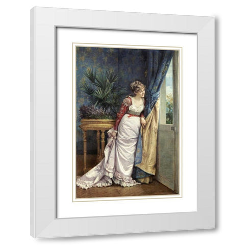 Awaiting The Visitor White Modern Wood Framed Art Print with Double Matting by Toulmouche, Auguste