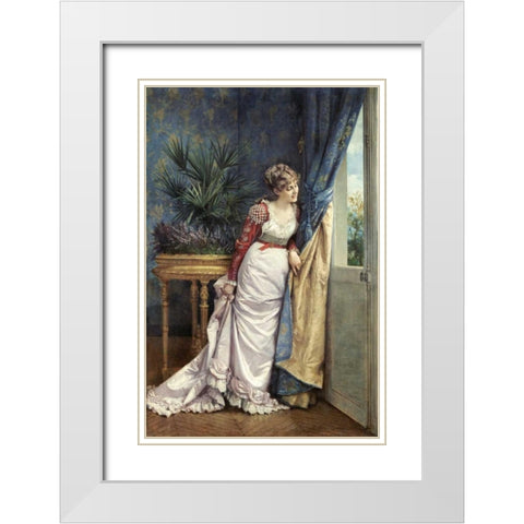 Awaiting The Visitor White Modern Wood Framed Art Print with Double Matting by Toulmouche, Auguste