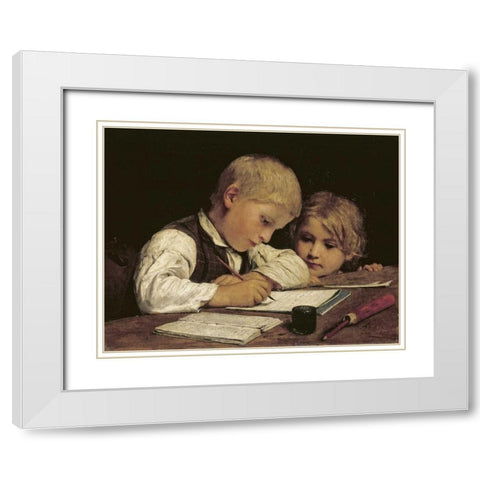 A Boy Writing White Modern Wood Framed Art Print with Double Matting by Anker, Albert