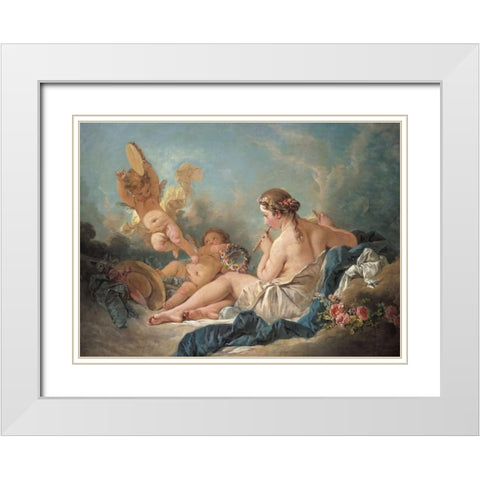 Nymph Playing The Flute With Putti White Modern Wood Framed Art Print with Double Matting by Boucher, Francois