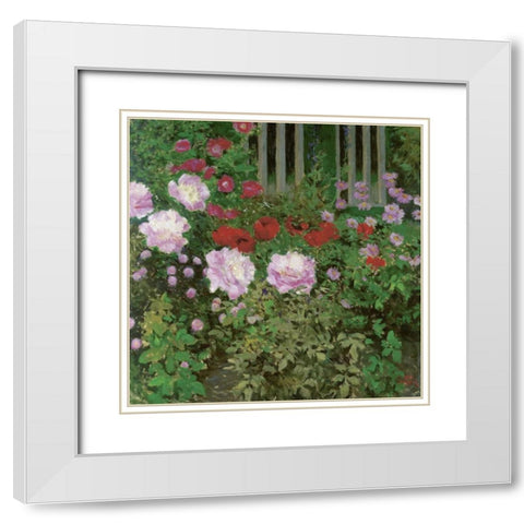 Flowers and Garden Fence White Modern Wood Framed Art Print with Double Matting by Moser, Koloman