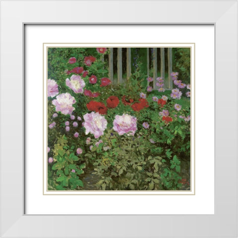 Flowers and Garden Fence White Modern Wood Framed Art Print with Double Matting by Moser, Koloman