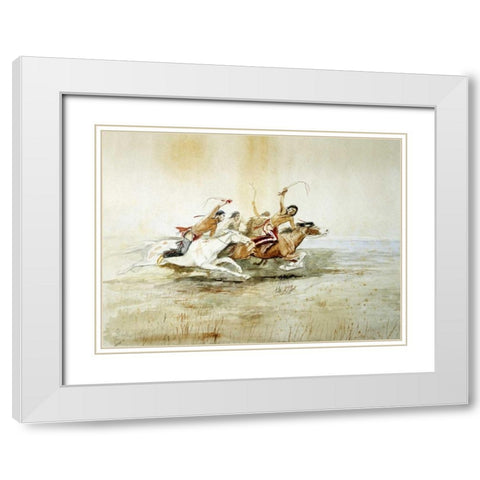 Indian Horse Race No.4 White Modern Wood Framed Art Print with Double Matting by Russell, Charles M.