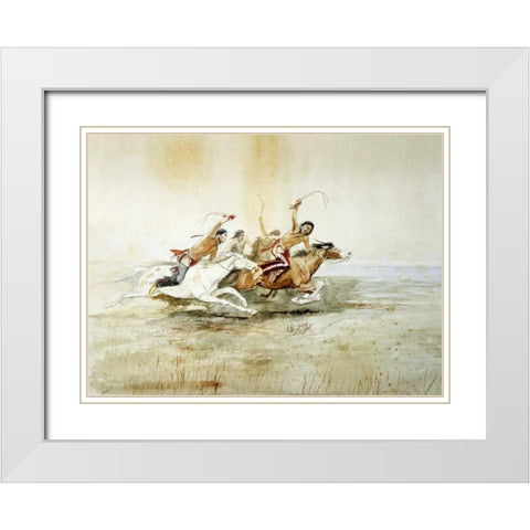 Indian Horse Race No.4 White Modern Wood Framed Art Print with Double Matting by Russell, Charles M.