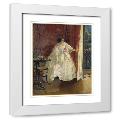 Lady at a Window Feeding Birds White Modern Wood Framed Art Print with Double Matting by Stevens, Alfred
