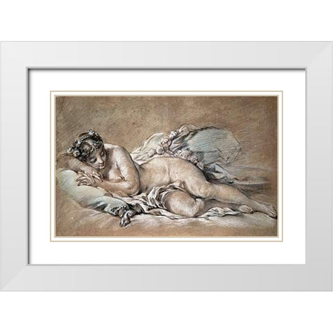 A Young Girl Sleeping White Modern Wood Framed Art Print with Double Matting by Boucher, Francois