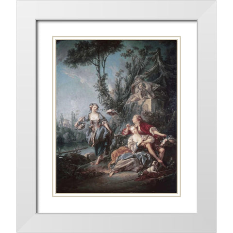 Flower Gatherers White Modern Wood Framed Art Print with Double Matting by Boucher, Francois