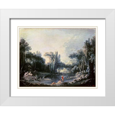 Landscape With a Pond White Modern Wood Framed Art Print with Double Matting by Boucher, Francois