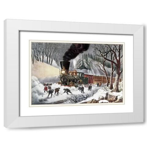 American Railroad Scene White Modern Wood Framed Art Print with Double Matting by Currier and Ives