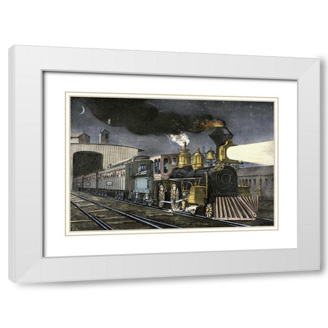 Night Express: The Start White Modern Wood Framed Art Print with Double Matting by Currier and Ives