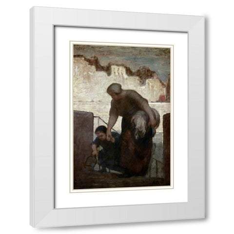 Laundress White Modern Wood Framed Art Print with Double Matting by Daumier, Honore