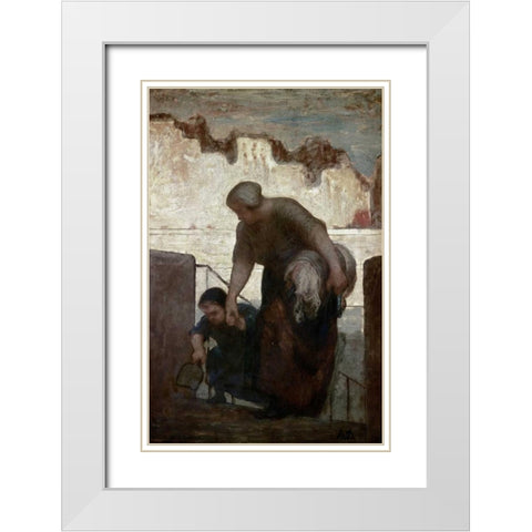 Laundress White Modern Wood Framed Art Print with Double Matting by Daumier, Honore