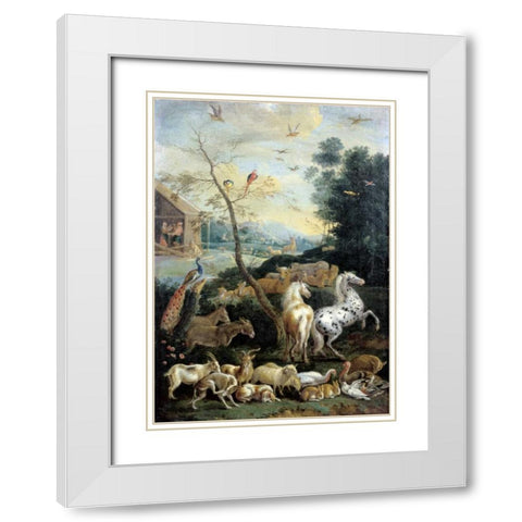 Animals Assembling before the Flood White Modern Wood Framed Art Print with Double Matting by De Hondt, Lambert