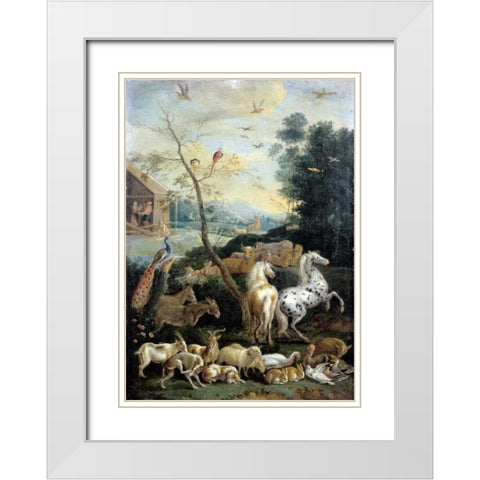 Animals Assembling before the Flood White Modern Wood Framed Art Print with Double Matting by De Hondt, Lambert