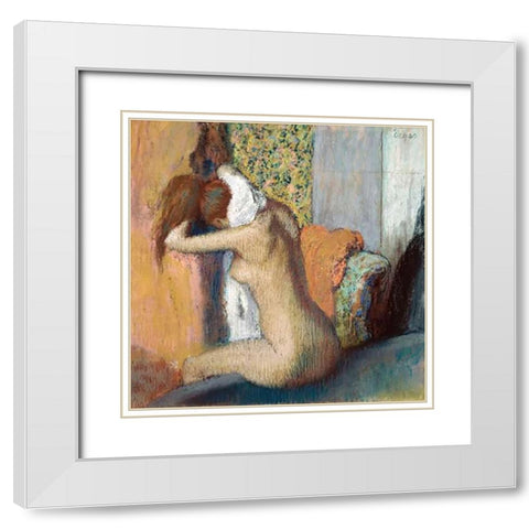 After the Bath White Modern Wood Framed Art Print with Double Matting by Degas, Edgar