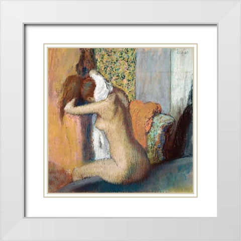 After the Bath White Modern Wood Framed Art Print with Double Matting by Degas, Edgar