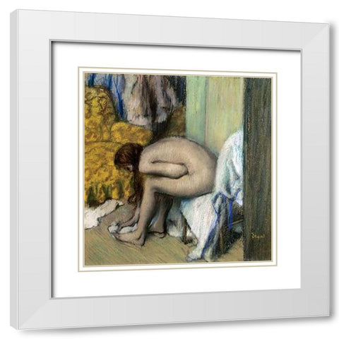 After the Bath, Woman Drying Her Feet, 1886 White Modern Wood Framed Art Print with Double Matting by Degas, Edgar