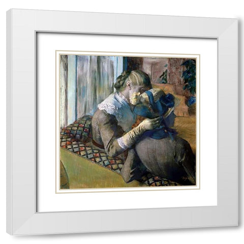 At The Milliners White Modern Wood Framed Art Print with Double Matting by Degas, Edgar