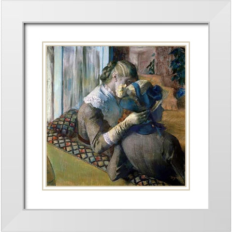 At The Milliners White Modern Wood Framed Art Print with Double Matting by Degas, Edgar
