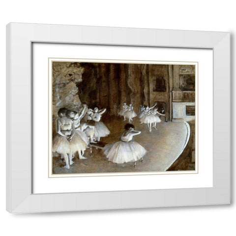 Ballet Rehearsal on the Set, 1874 White Modern Wood Framed Art Print with Double Matting by Degas, Edgar