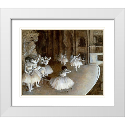Ballet Rehearsal on the Set, 1874 White Modern Wood Framed Art Print with Double Matting by Degas, Edgar
