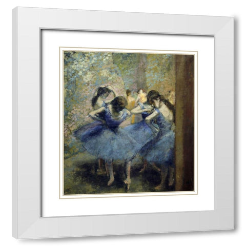Blue Dancers White Modern Wood Framed Art Print with Double Matting by Degas, Edgar