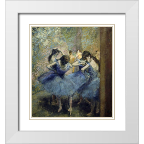 Blue Dancers White Modern Wood Framed Art Print with Double Matting by Degas, Edgar