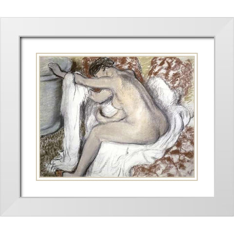 Leaving the Bath (Le Sortie du Bain) White Modern Wood Framed Art Print with Double Matting by Degas, Edgar