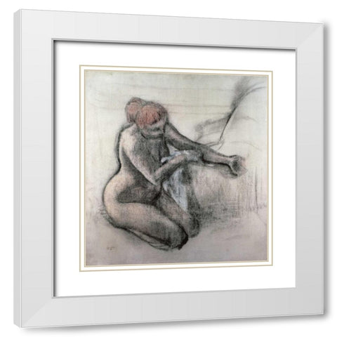 Nude Woman Drying Herself After The Bath White Modern Wood Framed Art Print with Double Matting by Degas, Edgar