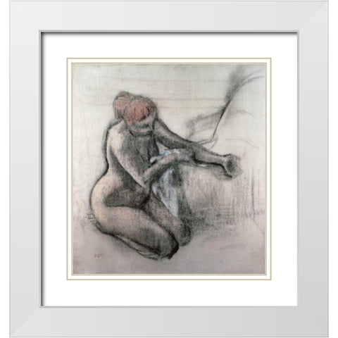 Nude Woman Drying Herself After The Bath White Modern Wood Framed Art Print with Double Matting by Degas, Edgar