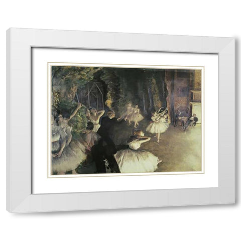 Rehearsal of the Ballet on Stage White Modern Wood Framed Art Print with Double Matting by Degas, Edgar